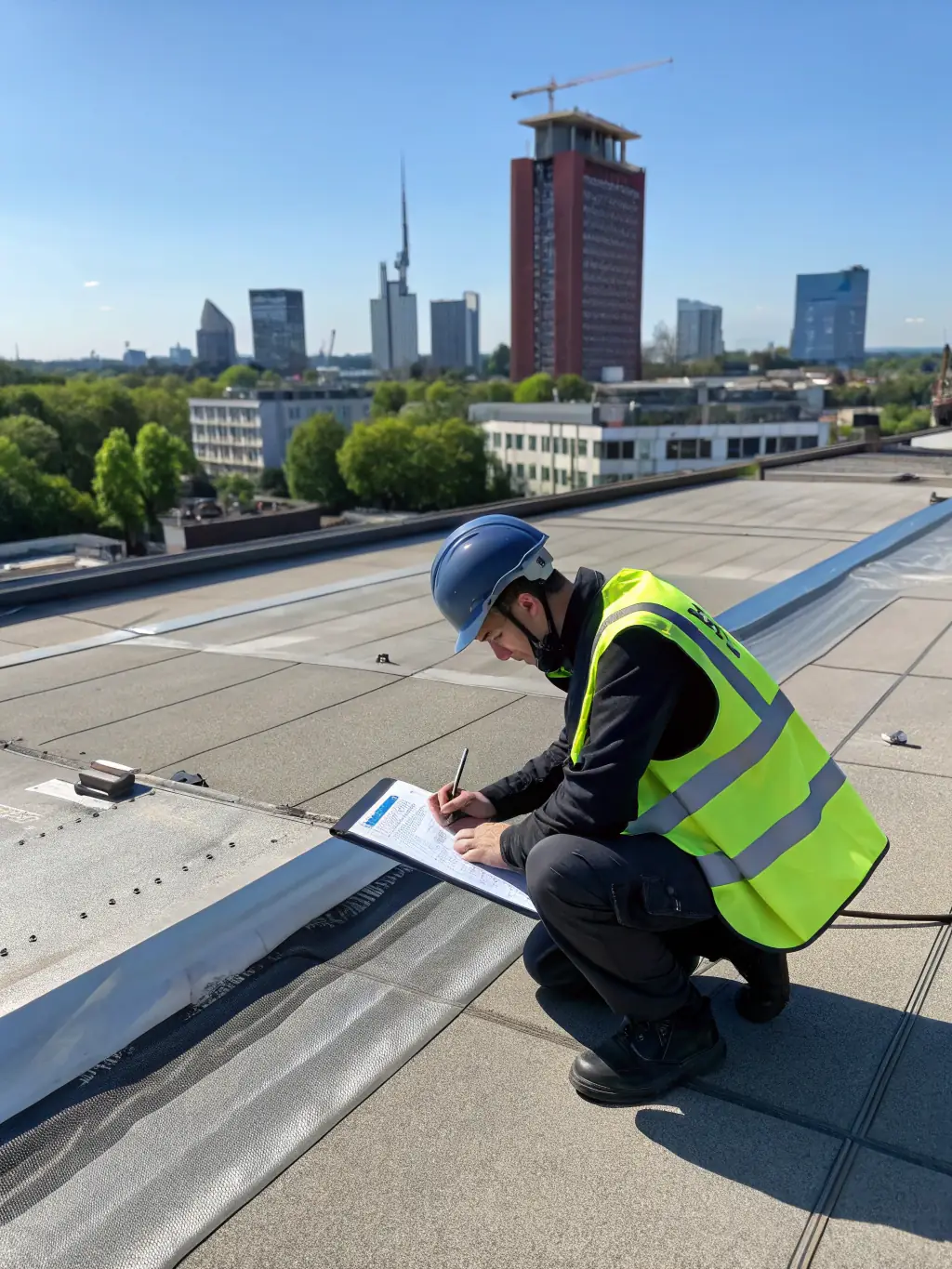 A roofing inspector examining the flashing around a chimney, ensuring it is properly sealed and preventing water damage.