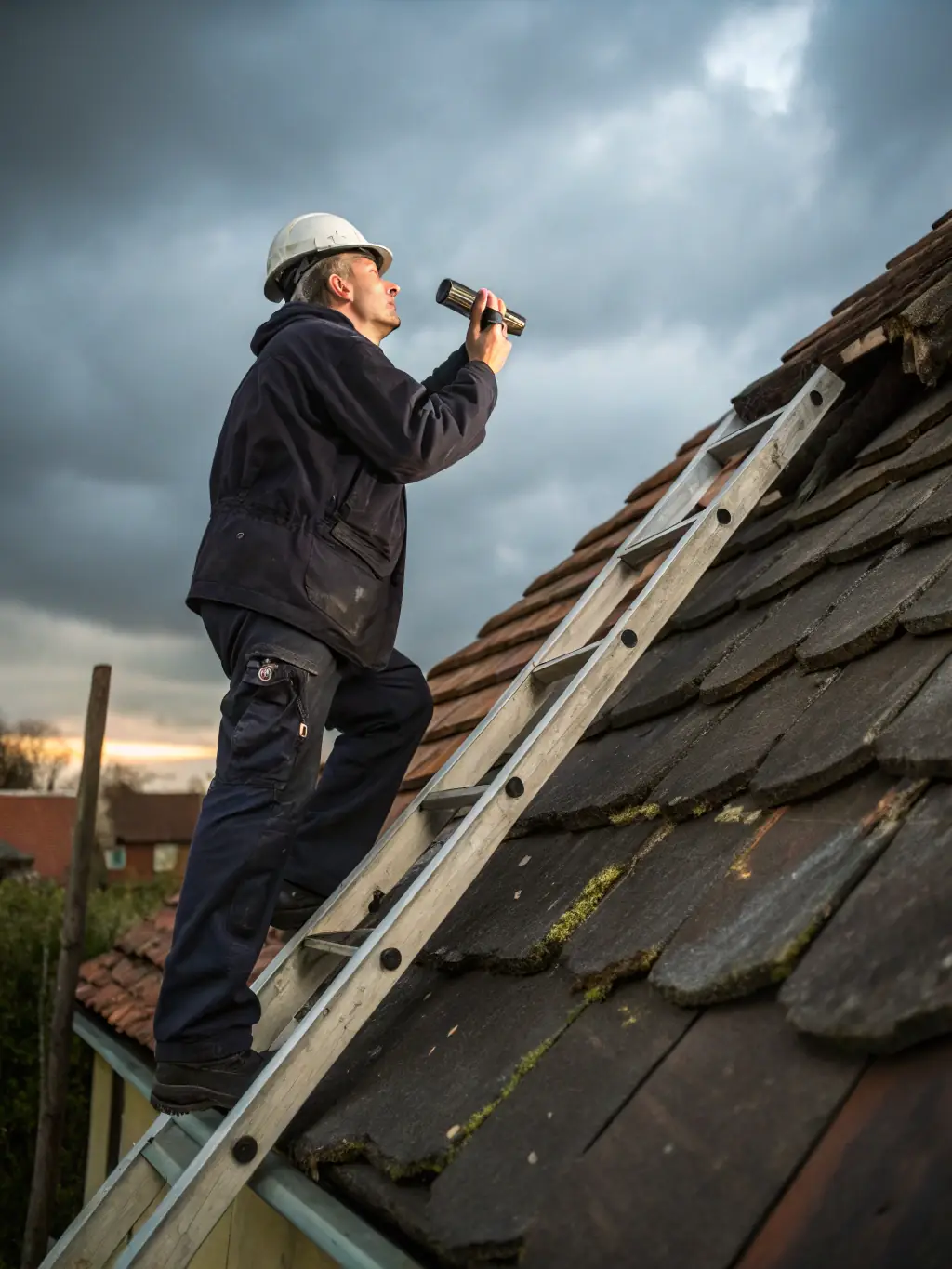 A roofing inspector pointing out a cracked tile on a roof to a homeowner, explaining the potential damage and repair options.