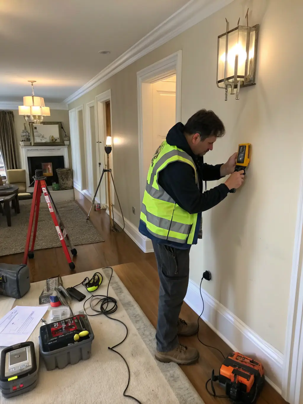 A roofing inspector using a moisture meter to detect hidden leaks and water damage inside an attic space.