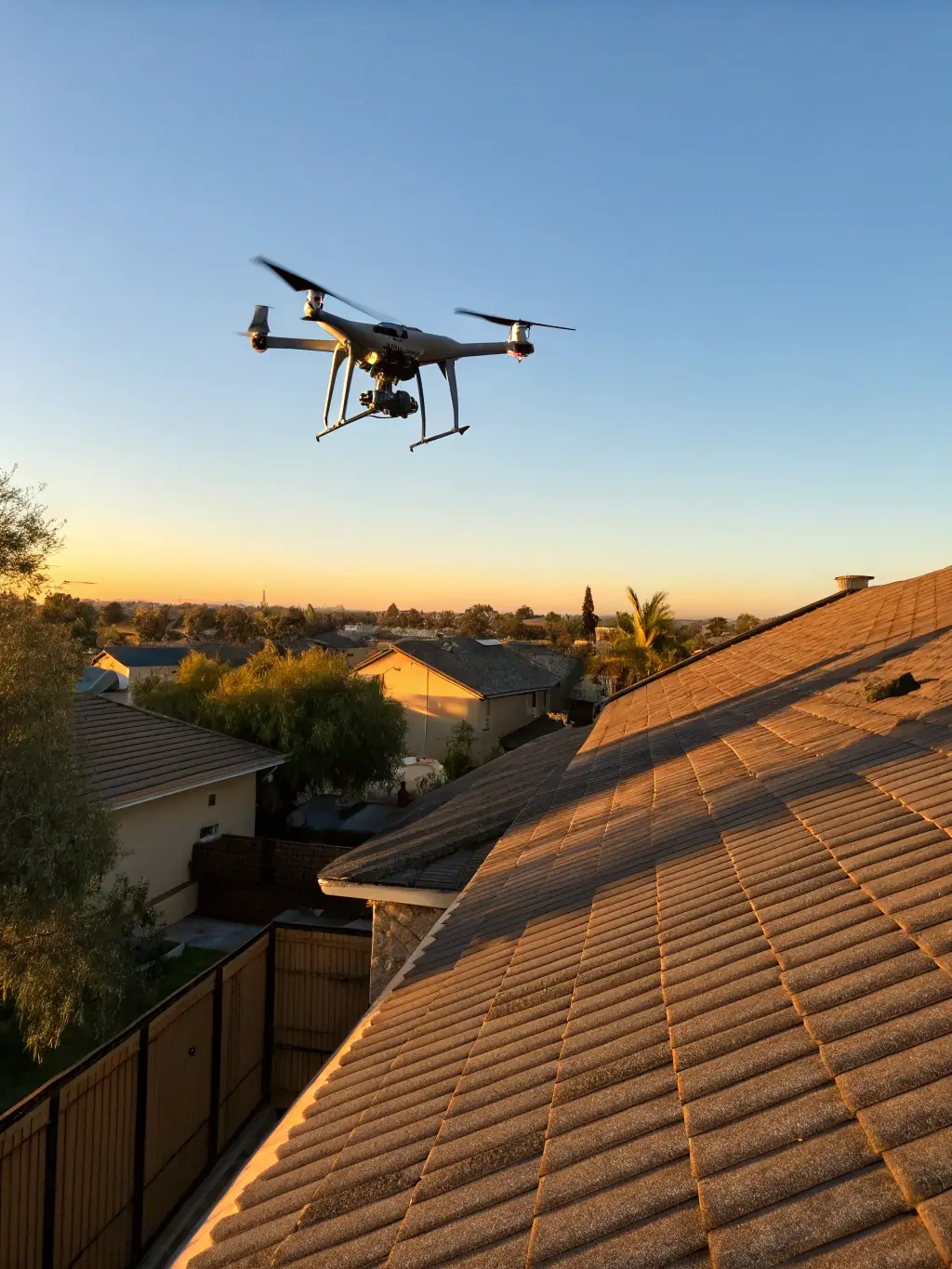 A close-up shot of a roofing inspector using a drone to inspect a residential roof, capturing high-resolution images of potential problem areas.